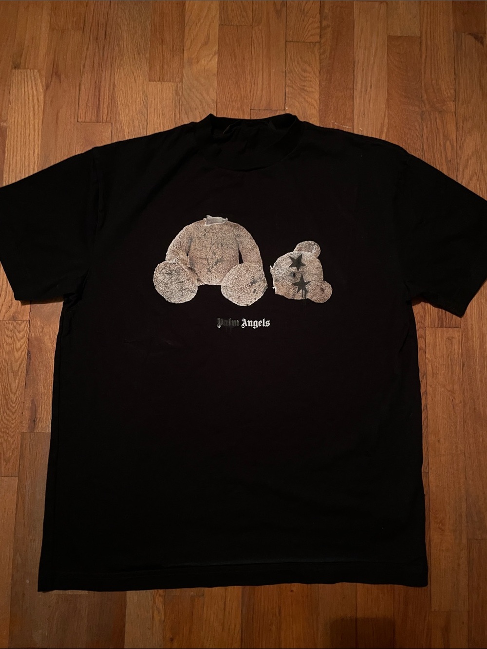 Palm Angels Black Tee with Distressed Gray Teddy Graphic